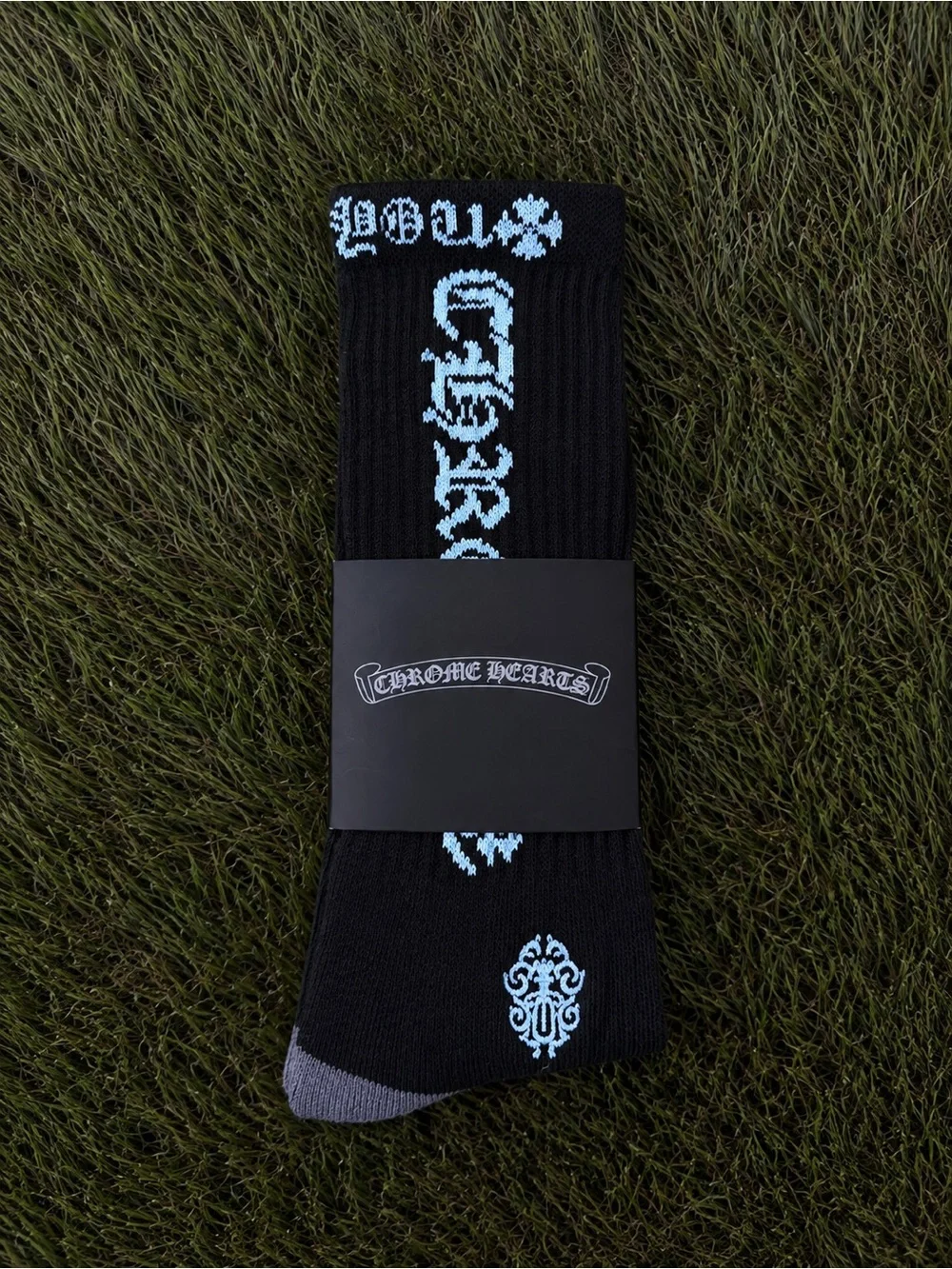 Chrome Hearts Black & Light Blue Gothic Logo Crew Socks